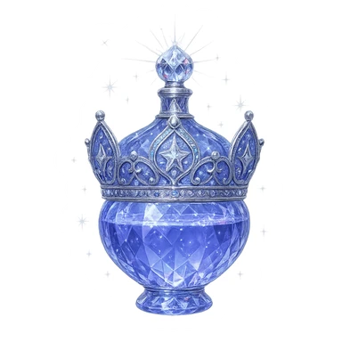 išskirtinai prabangus eliksyro buteliukas, aiškiai karūnos forma, spalva #7986cb, daugiasluoksniai holografiniai ir sidabriniai ornamentai, kristalo tekstūra, daug magiškų švytėjimų ir žėrėjimo, šviesos spinduliai, labai mažas kaklelis, dailiai sujungta, užapvalinta ir uždara apačia (ne plokščia ir ne atvira kaip stiklinės), skaidrus fonas, buteliukas aiškiai plūduriuoja ore, be pagrindo ar šešėlio, nestovi, modernus, kolekcijai tinkamas, ypatingai gražus, siluetas aiškiai primena karūną sticker