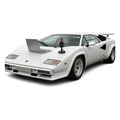 Lamborghini Countach with a laptop and recording microphone on the hood sticker
