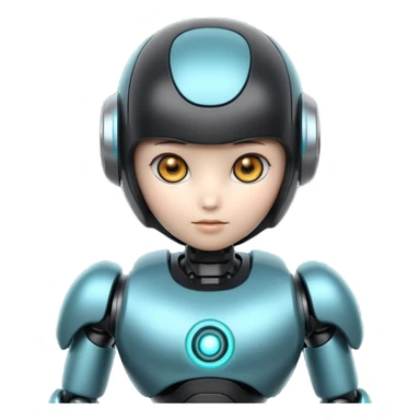 Cute futuristic chibi humanoid robot with large rounded head, add text on chest "LMX", glossy black and grey metal body, glowing cyan and amber eyes, visible joints, confident pose, white background, high-detail 3D render,  sticker
