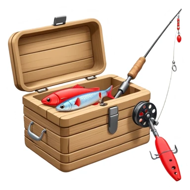 A fishing rod with reel and line neatly coiled beside a bait box.

 sticker