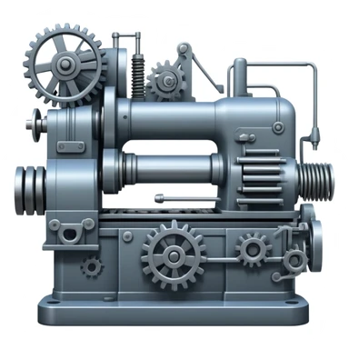 An icon featuring a giant machine tool in a factory workshop, symbolizing mechanical engineering. The design includes gears, levers, and mechanical components, representing the design and manufacturing of machinery. Transparent background highlights the precision sticker