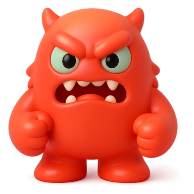angry monster with furrowed brow, bared teeth, clenched fists, bright red and orange colors, toy-like sticker