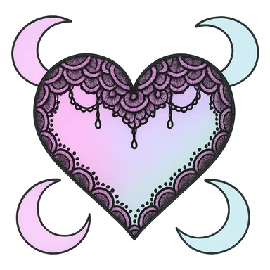 Remove the background, keep the pastel goth heart with pastel moons and black lace, transparent background. sticker