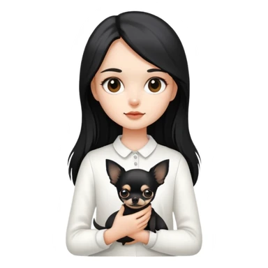 A girl with fair skin, wearing white clothes, holding a black long-haired Chihuahua sticker