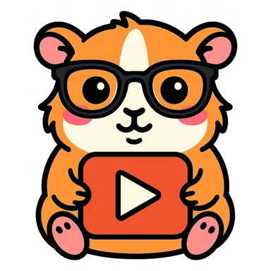 Make the guinea pig match the original reference: same face and glasses style, but holding a play button for a video app, in a cute, outlined, colorful style. sticker