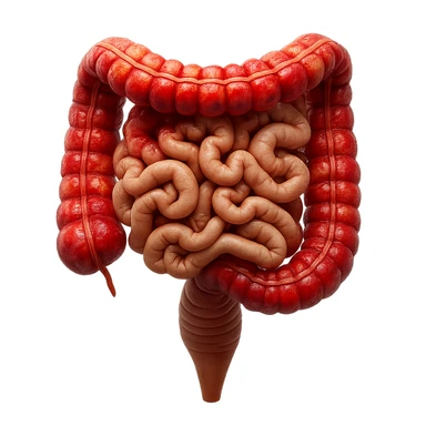 intestino umano anatomico realistico con gonfiori e rossori sul colon iperrealistico 4k sticker