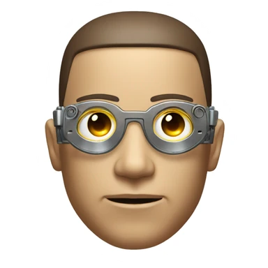 Male cyborg head with metallic plated face, brown flat top, glasses and circuits sticker