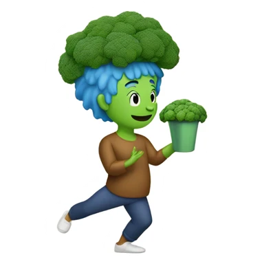 guy with blue hair doing yoga with a cup of broccoli sticker