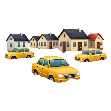 showing a flood disaster scene with strong water waves overflowing streets, partially submerged houses and cars, dark cloudy sky sticker