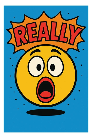 funny emoji of the word 'really', surprised face, comic style, bright colors sticker