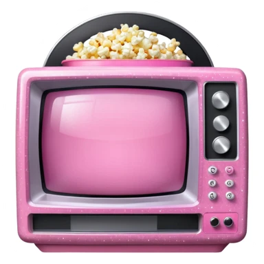 front view of transparent sparkly pink shiny CRT TV sitting on top of pink VCR, with pink/white rhinestone bucket of popcorn beside it sticker