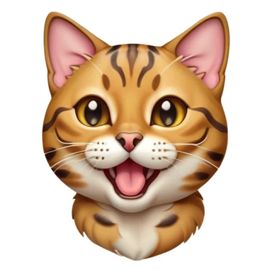 Cinematic Cute Bengal Cat Portrait Emoji, Head tilted playfully and yawning, sleek spotted brown and gold tones, Simplified yet adorable features, highly detailed, glowing with a warm, friendly glow, high shine, curious and affectionate, stylized with a touch of whimsy, bright and alert, soft glowing outline, capturing the essence of a mischievous yet loving kitten, so endearing it feels like it could leap out of the screen and stretch! sticker