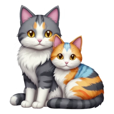 full body large dark grey and white cat cuddling a colourful light patched calico + white tabby cat  sticker