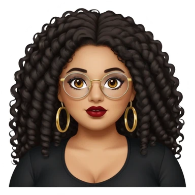 teen big plus size, latina, darker tan skin, gold hoops, long black curly hair, baddie,pretty, makeup, dark red lipgloss, black eyeliner, long hair, black shirt, BLACK glasses sticker