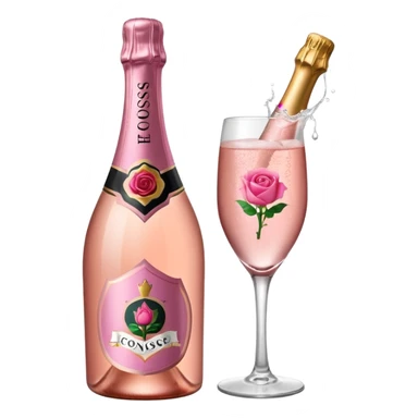 bottle of sparkling rose champagne tilted up and to the right, with a rose logo, no glass sticker