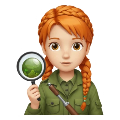 braid orange haired girl kid in moss green explorer outfit, holding magnifying glass sticker