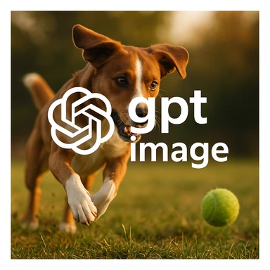  logo of chat gpt with text "gpt image" on the background of a dog chasing ball, realistic image sticker