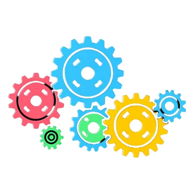 A set of connected gears turning in unison, showing a repeatable system sticker