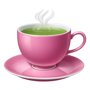 dark pink teacup filled with green tea, placed on a matching pink saucer, with gentle steam rising from the cup.  sticker