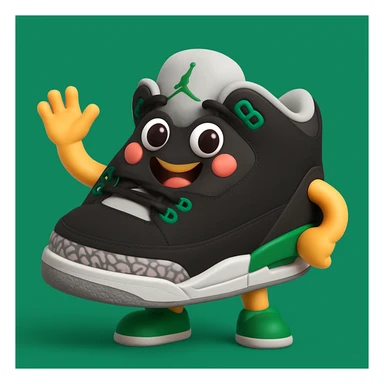 Create a 3D emoji style sneaker based on the provided reference image, adding arms, legs, and a happy facial expression. The style should resemble Microsoft style 3D fluent emojis with a playful and friendly look. sticker