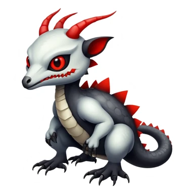 a white exotic edgy vernid-fionbr-Fakémon-creature, with black belly and red eyes, full body sticker