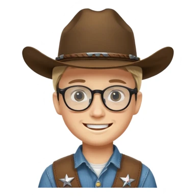Smiling boy with cow boy hat . With chin strap and black glasses  sticker