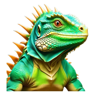 Cinematic Noble Iguana Portrait Emoji, Poised and majestic, with a robust, muscular build and a vibrant, scaly body accented by a prominent spiky crest and keen, observant eyes, Simplified yet sharp and sophisticated features, highly detailed, glowing with a soft, jungle radiance, high shine, intelligent and formidable, stylized with an air of ancient reptilian authority, focused and commanding, soft glowing outline, capturing the essence of a watchful guardian that appears ready to stride out of the screen with effortless might! sticker