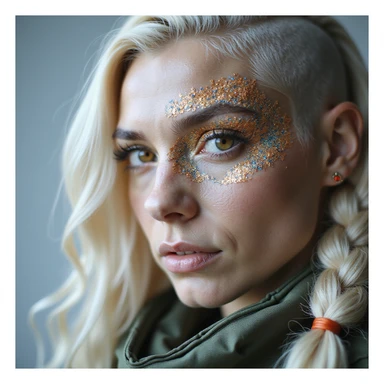 close up of a "20 crisp" banknote. futuristic, cyberpunk. stellar and planetary style designs adorn the bill. the face pictures is a woman in her 20's, gold yellow eyes, white hair in a single long braid, side of head shaved. she wears a military flight bdu sticker