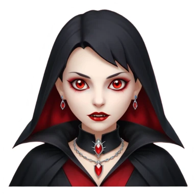 vampire village woman portrait, head and shoulders only, dark gothic cloak collar, sharp fangs, red glowing eyes, elegant yet eerie expression, subtle jewelry, 3D cartoon, mobile game icon style, clean background, no text, no watermark

 sticker