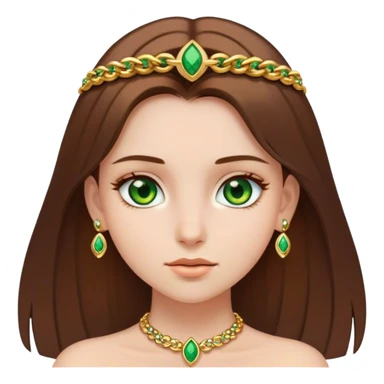 Girl with straight brown hair, green eyes and gold jewellery sticker