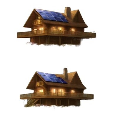 Skywalker Cabin is a clean Very big Wood Cabin near tree on the mountain in the background. The cabin is 5 stories tall with extensive solar arrays on top. The cabin sits on thick grass fields. porch lights on ,guests on porch smoking ,flowers and bushes  sticker