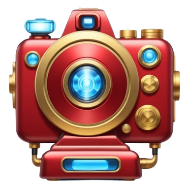 🎬🤖 Create a video project icon inspired by Iron Man: a sleek film camera with metallic red and gold accents, glowing with blue arc reactor energy. sticker