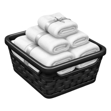 black metal basket with folded towels, with a soft glow sticker
