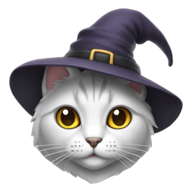 white and grey cat wearing a witch hat sticker