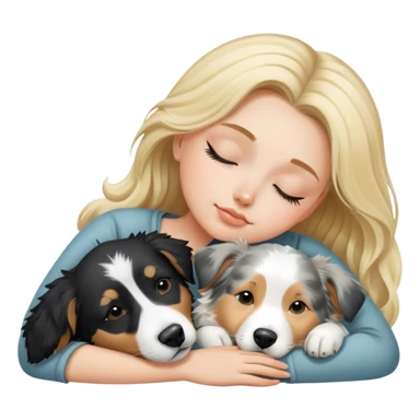White girl blonde hair sleeping with black and white Australian shepherd  sticker