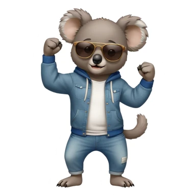 anthropomorphised koala, full body, wearing a hoodie and jeans, dark sunglasses, shaking fist in a different pose sticker