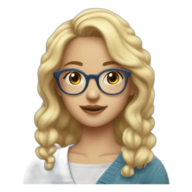 a blonde girl, 23 years old, with transparent! glasses, very cute, with blue cardigan with clouds sticker