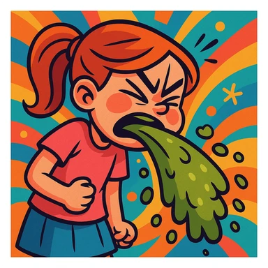 a girl vomiting, expressive, cartoon style sticker