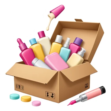 a cardboard box with assorted beauty products like compact, lotion, and nail polish spilling out with a blue background sticker