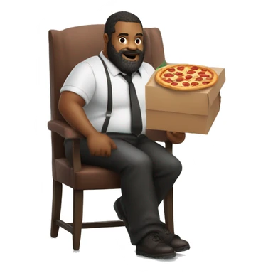 big Man with lipstick on and a beard sitting on chair and holding a pizza box sticker
