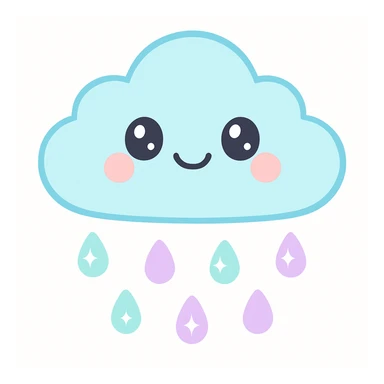 cute rain icon with cloud with blushing cheeks and sparkling raindrops, soft and inviting sticker