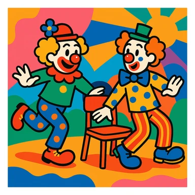 two clowns playing musical chairs, playful and colorful vibrant toon style sticker