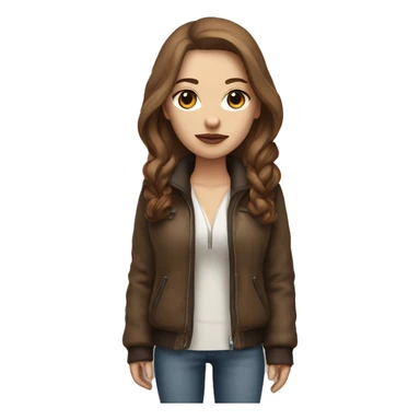 white woman with long brown hair in a furry jacket standing alongside a white pitbull with a brown eye patch  sticker