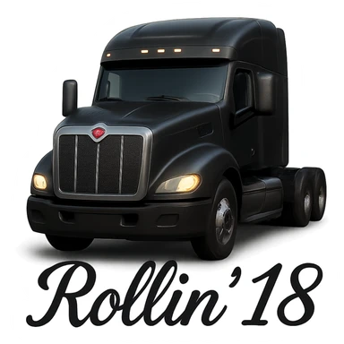 Make the truck more realistic with detailed textures and lighting, keep the 'Rollin' 18' script visible at the bottom, show the truck at a 45-degree front angle, and remove the background completely. sticker
