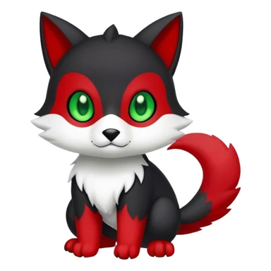 Cute cool black red animal hybrid Fakemon full body, green eyes, white belly, white muzzle sticker