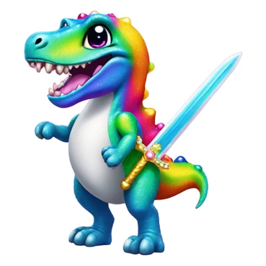 Lisa frank glitter rainbow cute dinosaur with sword and pearls sticker