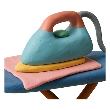 close-up of iron gliding over fabric on ironing board, soft lighting, pastel colors, claymation style sticker