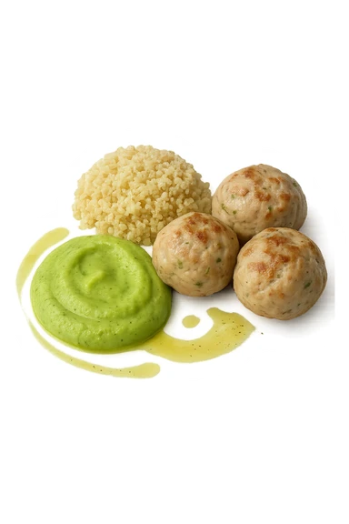 polpette di tacchino, purè di zucchine, quinoa e olio di oliva, iperrealistico 4k sticker