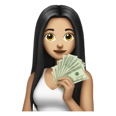 White girl with long black hair holding money money sticker