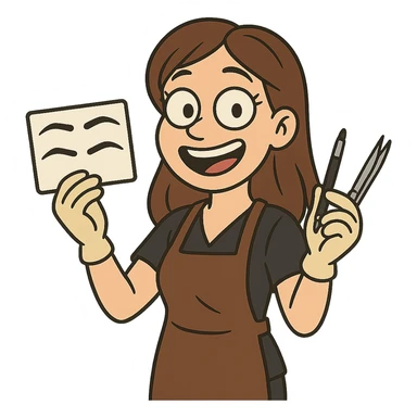 cartoon style microblading artist with brow stencils and tools cheerful sticker